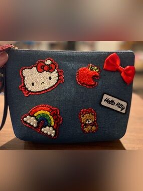 Hello Kitty Denim Wristlet Pouch Sanrio Sequin Patch Cosmetic Bag Kawaii